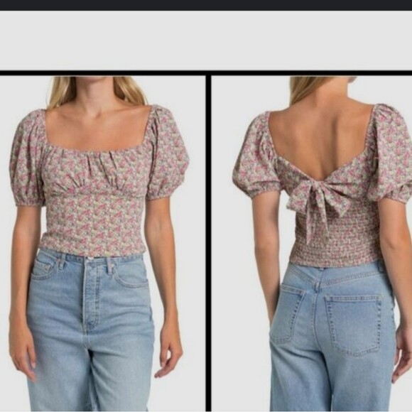 ASTR the Label Tie Back Bubble Sleeve Blouse Top in Yellow Cropped Size Medium - Picture 3 of 8